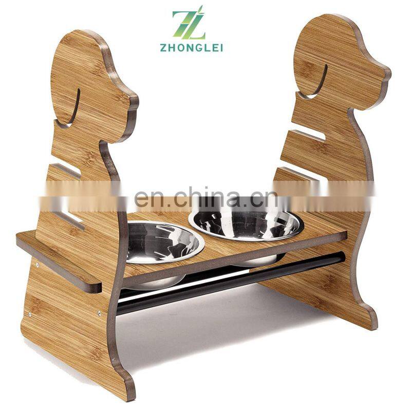 Bamboo Pet Feeder Puppy Style Height Adjustable Raised Kitchen Pet Feeding Station w/ Stainless Steel Food Bowls for Dogs & Cats