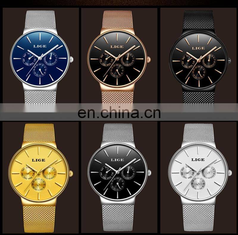 Top Brand LIGE Watches Men Super Slim Mesh Stainless Steel Luxury Casual Quartz Clock Ladies Wristwatch Relogio Feminino