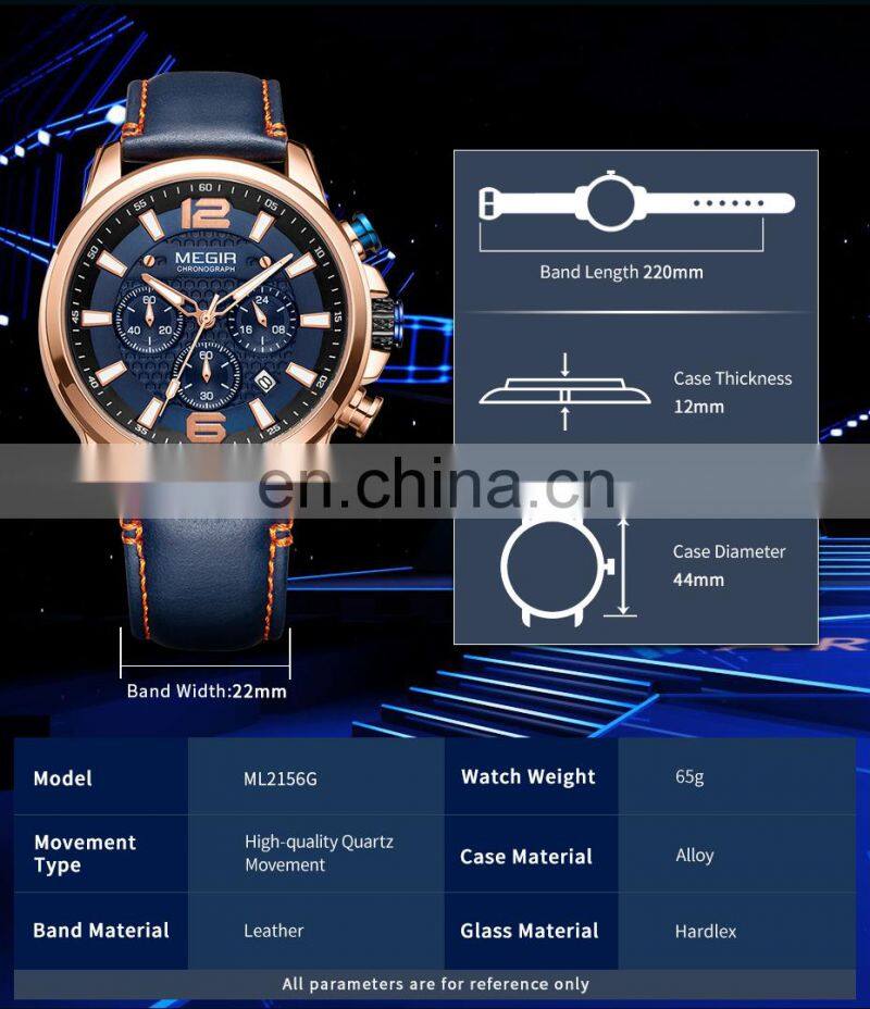 MEGIR 2156G Men Quartz Watch Fashion Casual Leather Watches Waterproof Mens Wrist Watch