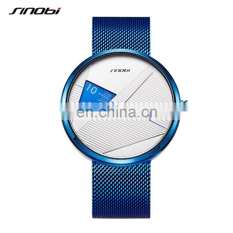 SINOBI Hollow Out Dial S9801G Men Creative Watch Wrist Sapphire Mesh Band Handwatch Youth Unique Design Male Watches