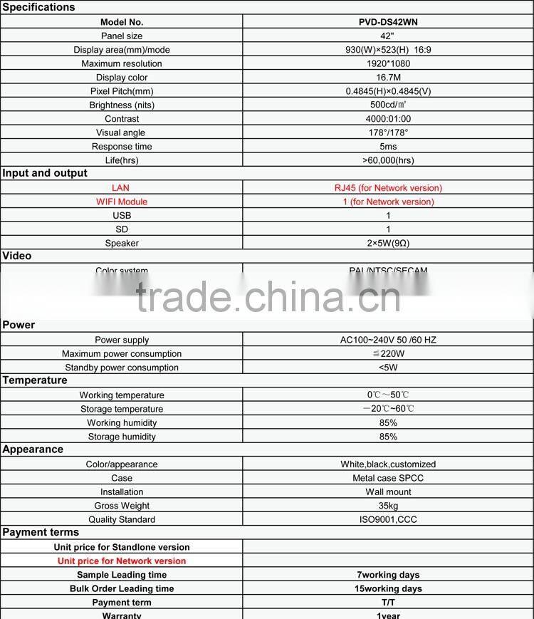 42 Inch Wall mounted Full HD LCD Advertising Display