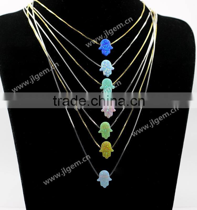 Synthetic S925 Silver Chain Fire Pink Opal Hamsa/Hand Opal Pendant Necklace