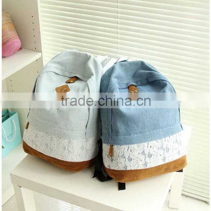 Fashion Floral Lace +Denim Canvas Women Bag Backpack School bag For Teenagers Ladies Girl Back Pack Schoolbag Bagpack