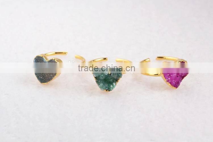 Gold plated natural rainbow heart druzy agate stone adjustable knuckle ring