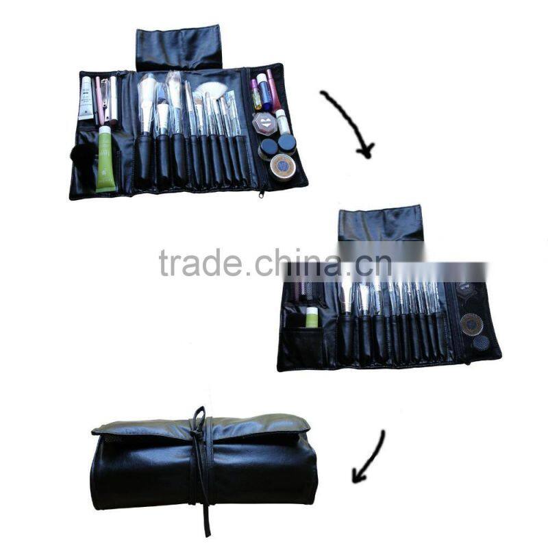 Beauty Travel Black Faux Leather Makeup Brush Case Bag Holder Roll Pouch Tool
