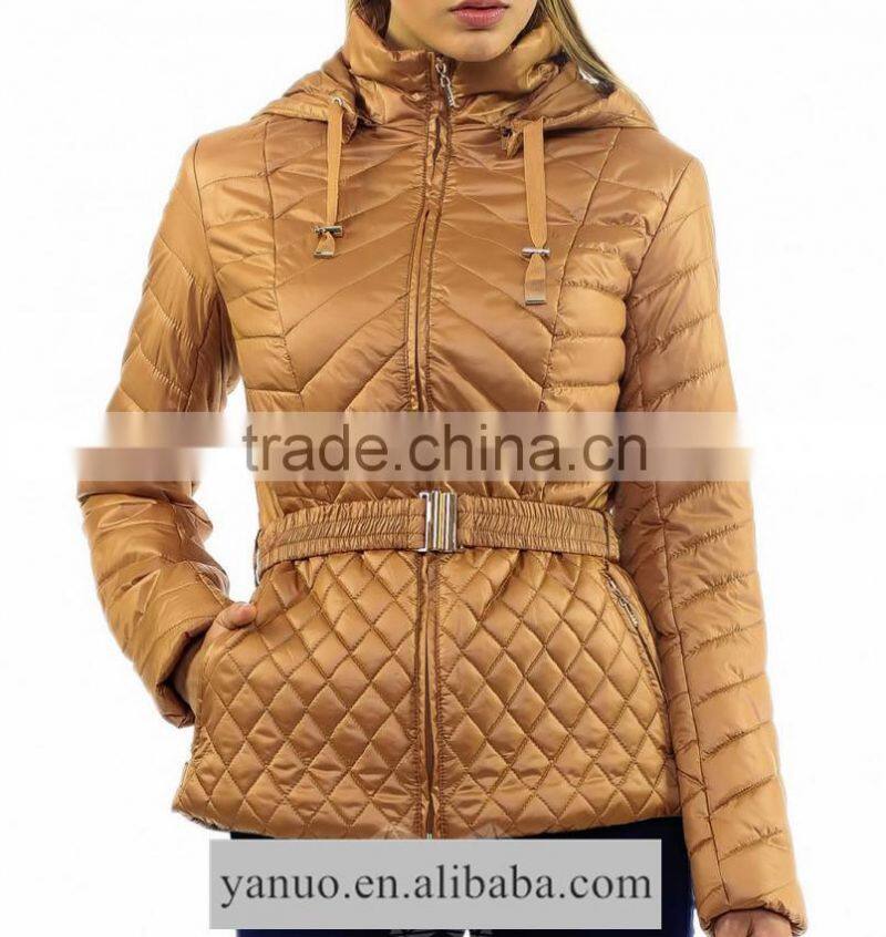 young women winter quilting jacket with belt