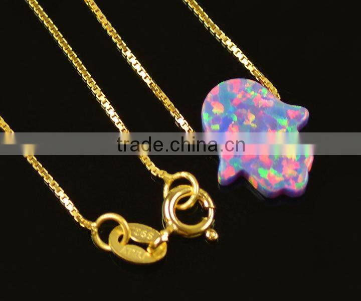 Fashion 11x13mm OP55 Gold Plating sterling silver pink synthetic opal hamsa halskette