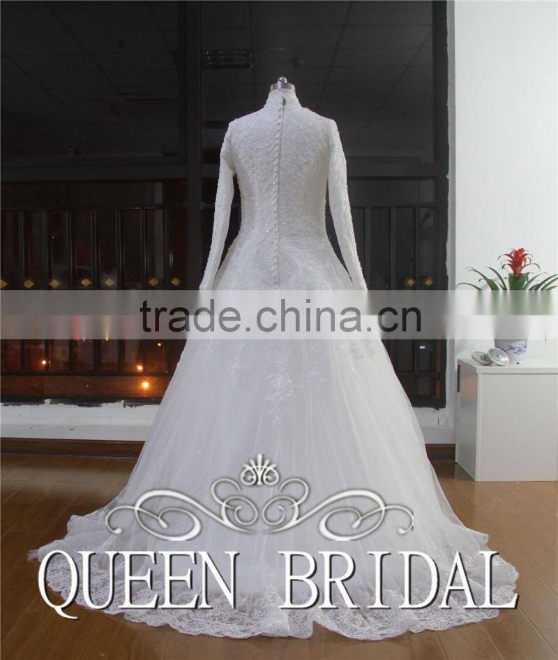 Real Works Appliques Muslim Bridal Wedding Dress Long Sleeve Ball Gown