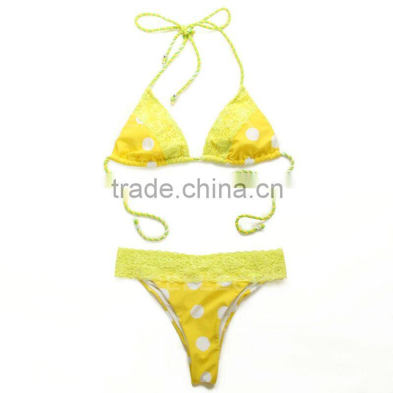 RELLECIGA Triangle Bikini Swimwear - Hot Dots + Neon Yellow Lace Top with Scrunch Bottom