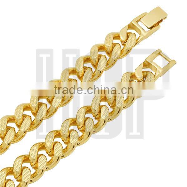 11mm Gold Grooved Cuban Link Curb Chain Necklace