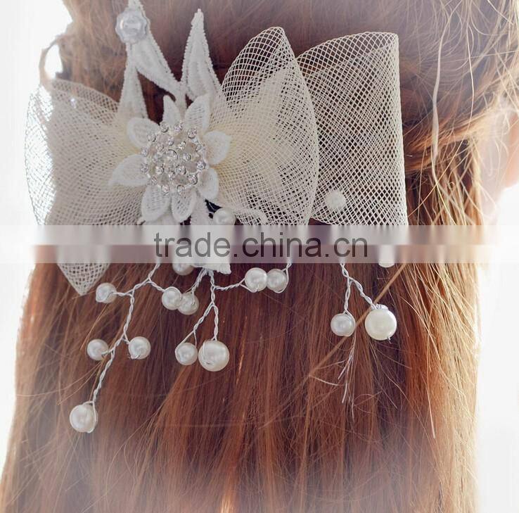 Factory Price High Quality White Lace Bowknot Pearl Bead Weeding Hair Pin Bridal Hair Accessories