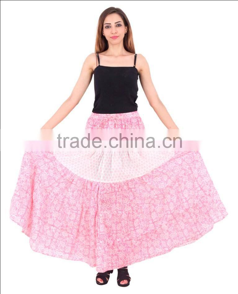 Indian Block Print With Patchwork Cinderella Style Long Skirt For Women