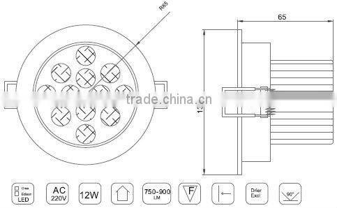 Novelty 12W LED Down Light with 750-900 lm and external power supply