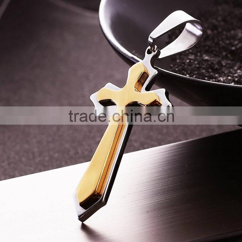 Retro European And Amerian Style Titanium Steel Gold Inlaied Silver Cross God Pendant Chain Necklaces For Christianity Church