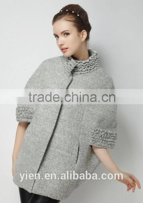 Fashion Gray Knitted Coat Ruffles Neck And Sleeves Knitted Coat