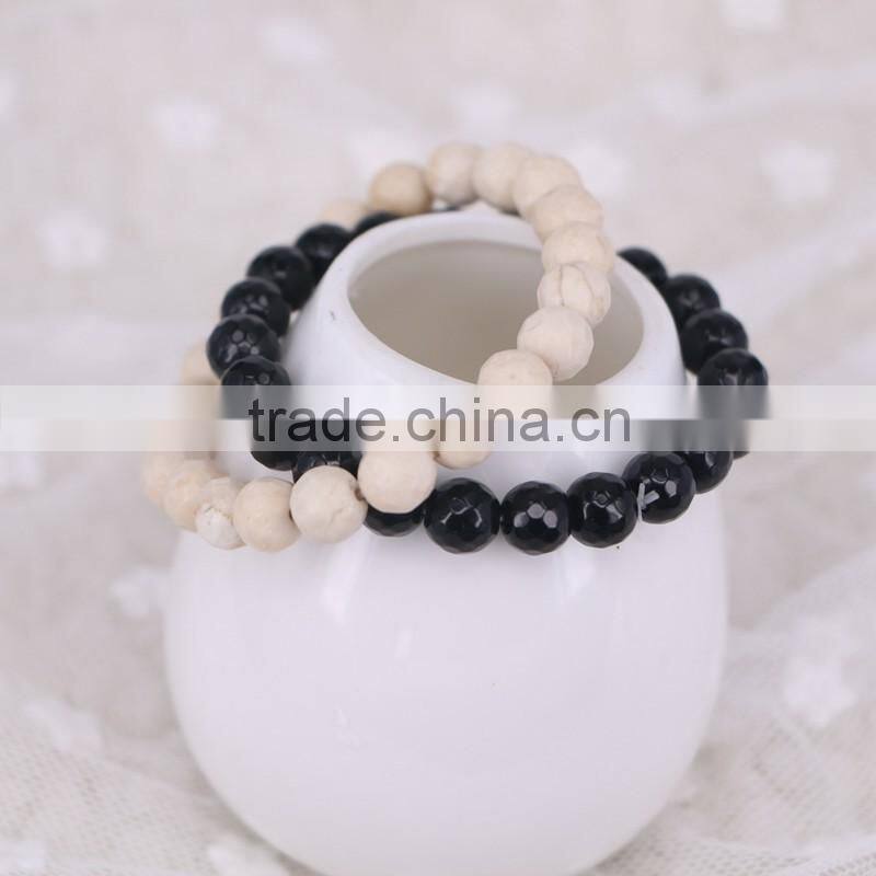 Charm Faceted Stone Round Shape Bracelets, Jet / Wood Gem stone Bracelet