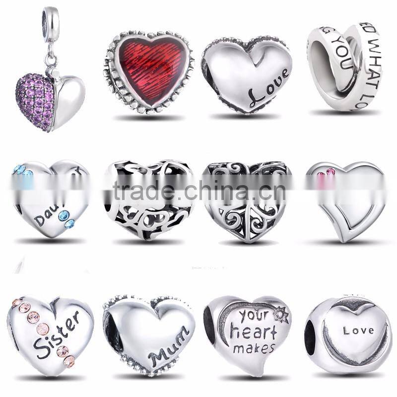 Wholesale silver curved tube beads Simple Heart Pattern thai silver beads Pure 925 charms for bracelet making STY008