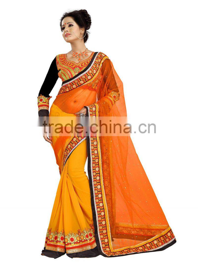 Orange Georgetter saree with embroidery