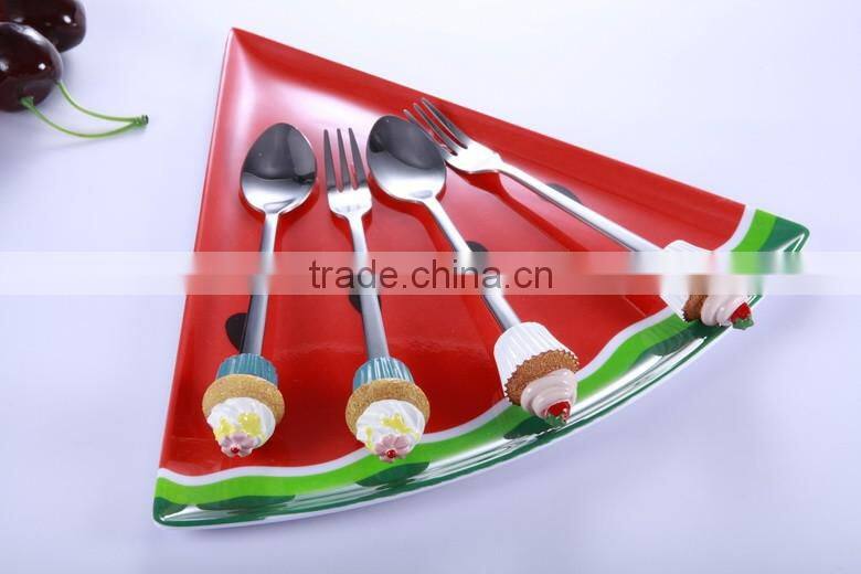 Reusable stainless steel spoon and fork set with poly handle for dessert
