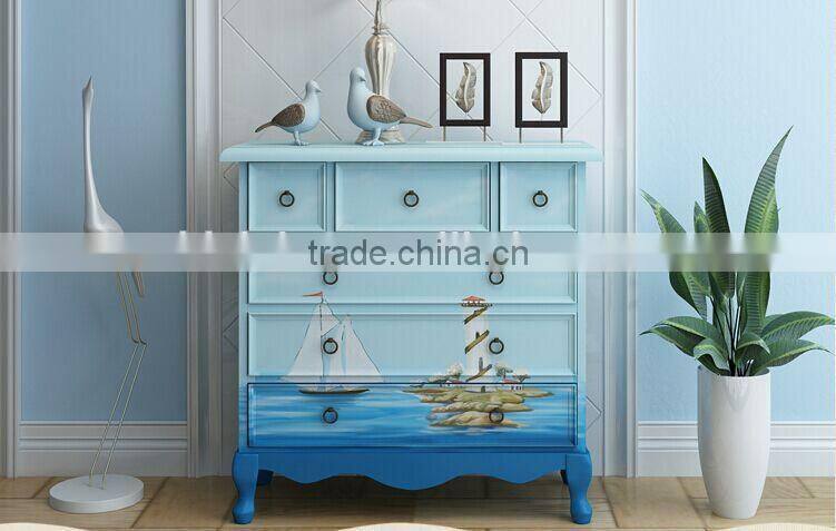 Mediterranean Style Chest of Drawers, Sailing Boat Handpainting Storage Cabinet, Solid Wood Living Room Cabinet (BF01-X1153)