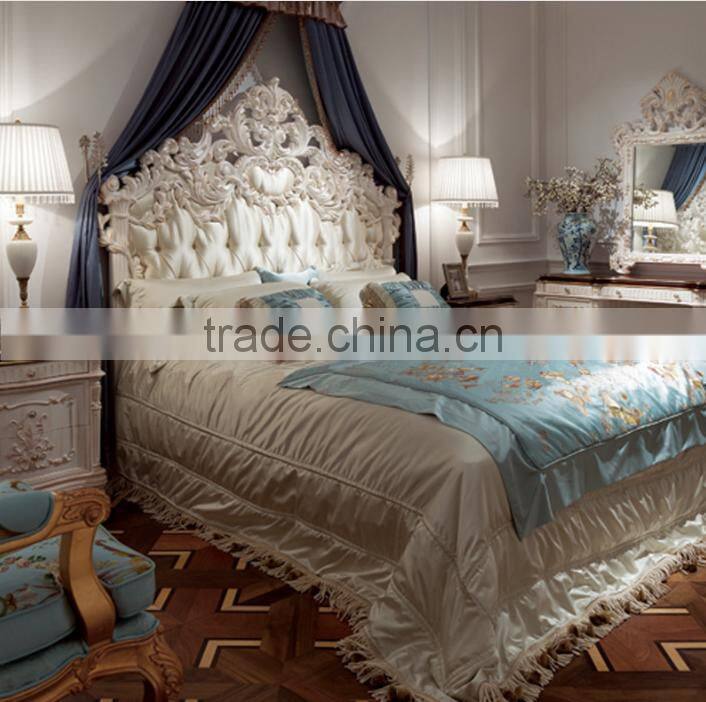 Graceful antique white color solid wood hand carved headboard double bed