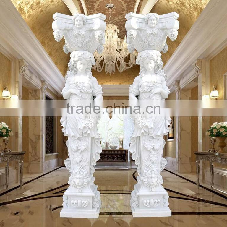 Decorative white marble column with lady statue