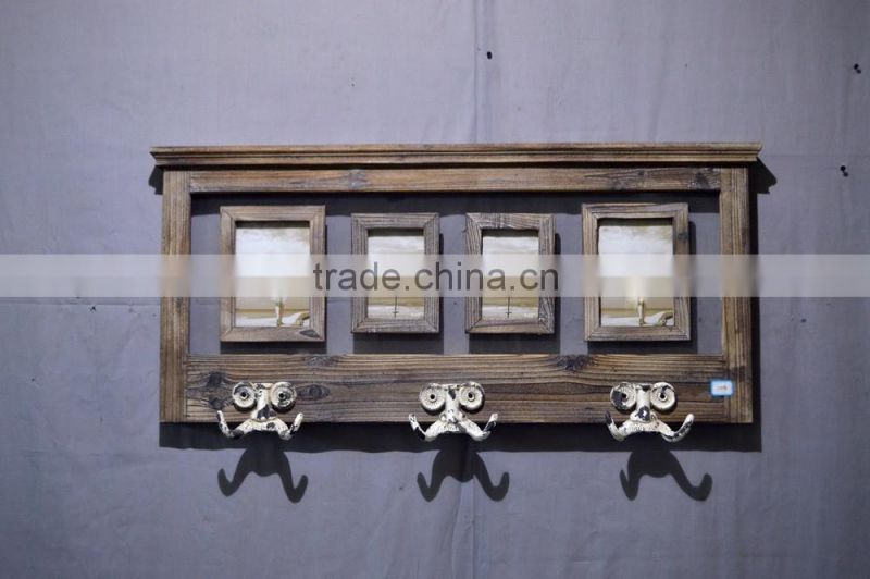 2016 antique wooden wall shelf with photo frame and metal hooks