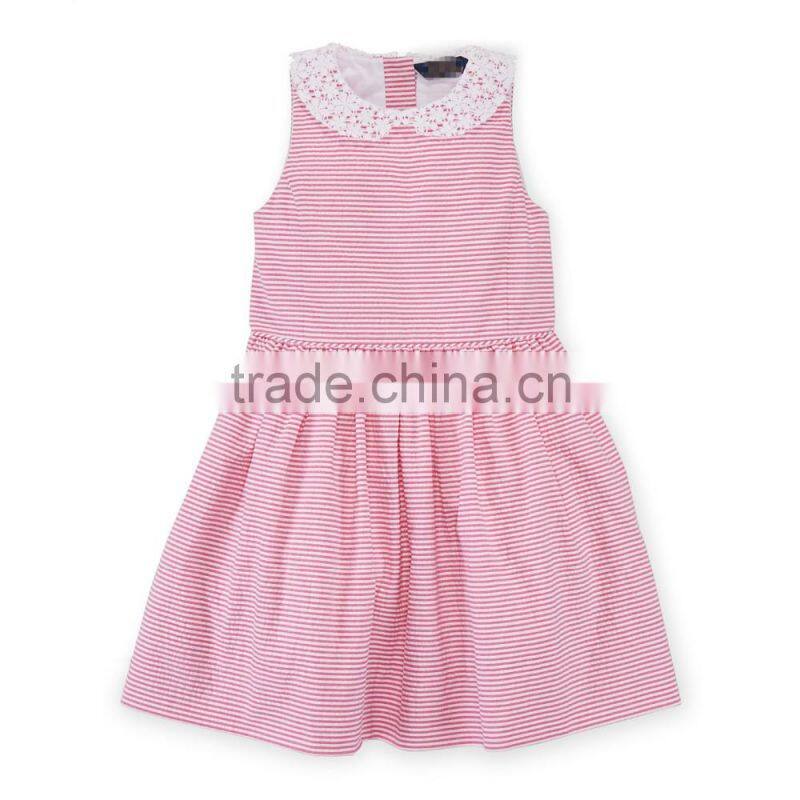 Children Girls Pretty Lace Collar Cotton Seersucker Dress HSD8069
