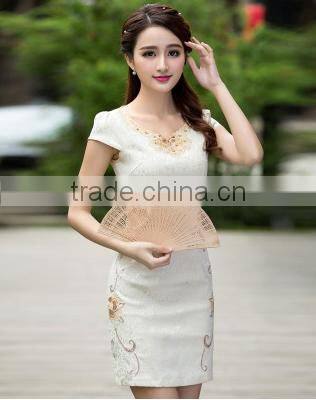2016 New Style Elegant Chinese Ladies Summer Midi Short Sleeve Cheongsam Dresses