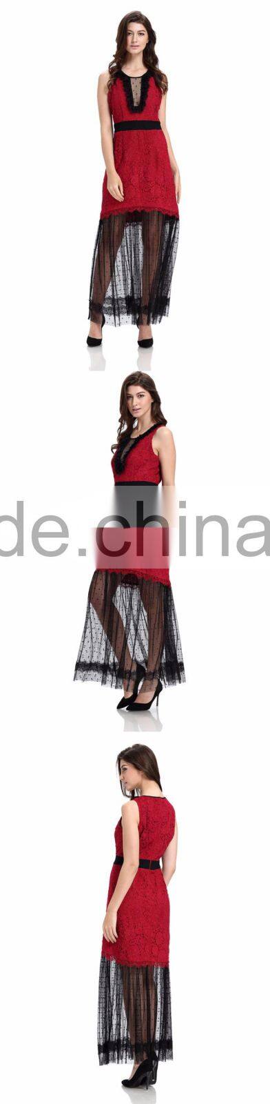New 2017 Design Long Red Stitching Fashion Lady Dress