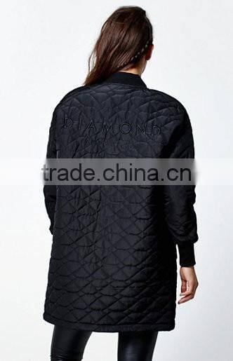 Women Solid Black Color Nylon Stone Cut Quilted Longline Bomber Jacket