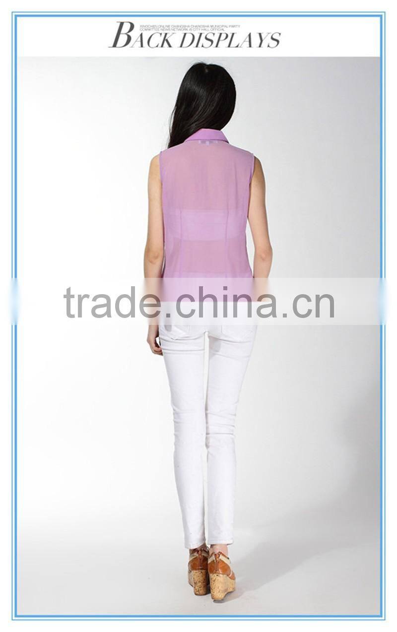 2016 New Fashion Women See Through Chiffon Purple Puffy Vest