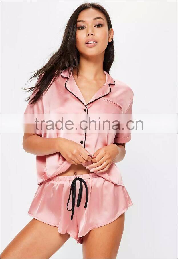 Pink Satin Piped Short Pyjama Set Roll Cuff Sleeve With Private Label Short Sleeve Buttons Sleepwear