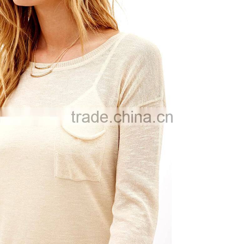 clairvoyant front patch pocket rib knit cuff crew neck slub long sleeve knit ladies pullover