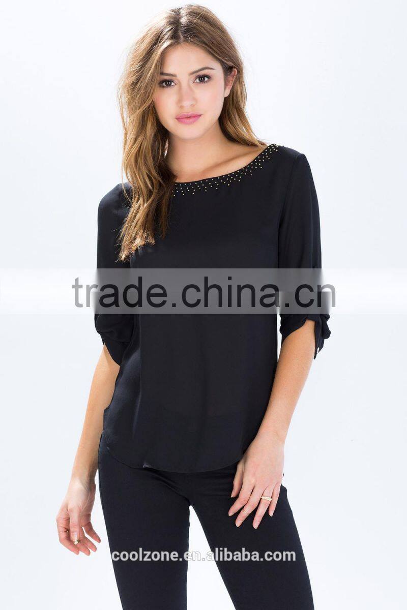Latest roll sleeves beaded woman blouse fashion blouse for daily life