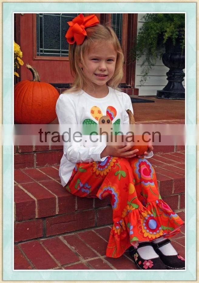 applique turkey Thanksgiving day fall turkey long white sleeve t-shirt floral ruffle orange pants fall boutique outfit winter