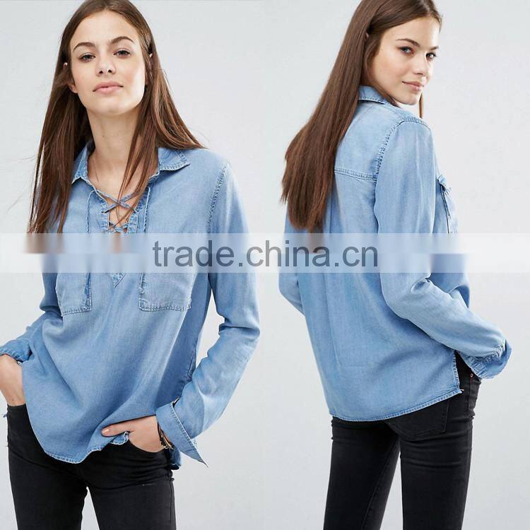 Fashion wholesale women long ladies demin cowboy shirt for wholesale