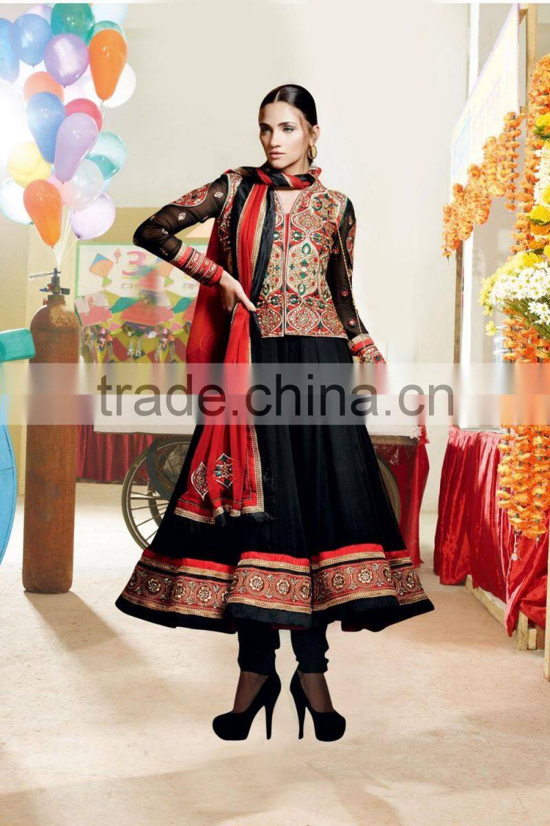 Yellow color on brown with purple color on embroidery heavy design jacket long Anarkali Designer Semi Stitch Salwar Kameez