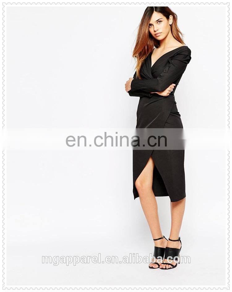 fashion women cheap sexy long sleeve V-neckline frill shoulder pencil skirt midi dress