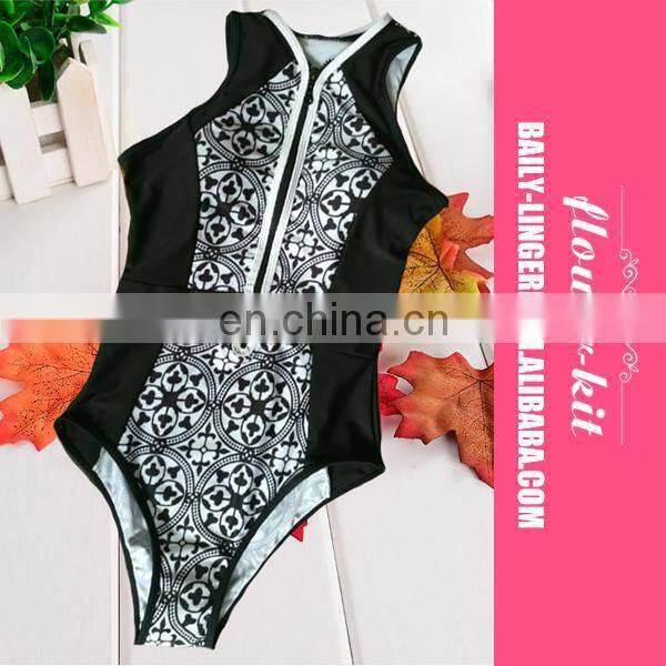 Lady One Piece Zipper Retro Print Bikini Push Up Monokini Conjoined Bathing Suit