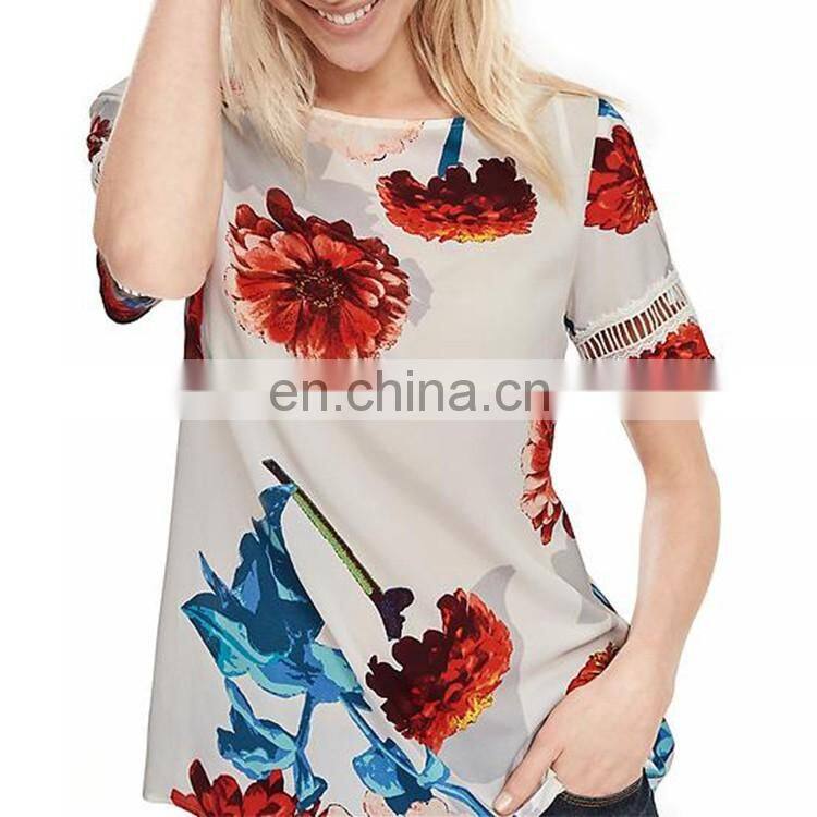 Latest shirt designs female polyester custom print rounded hem t shirt