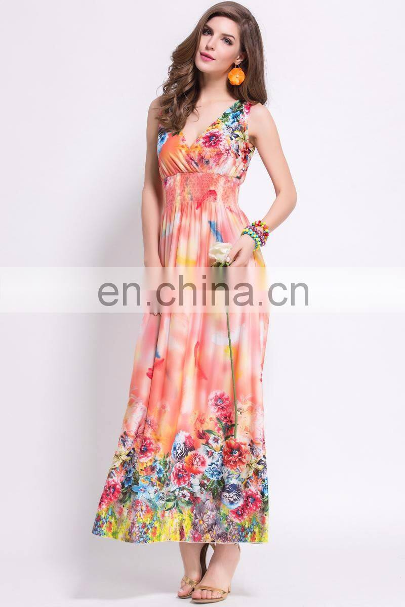V neck smocking Floral printed bohemia dress long styles design