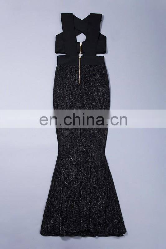 Amigo celebrity black sleeveless hollow out sliver tulle Mermaid maxi bandage dress for taller ladis