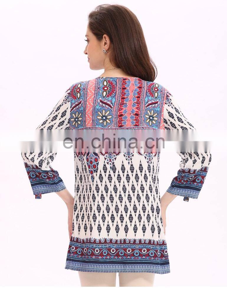 2017 Hot Selling In Stock Women Summer Boho Border Printed Tunic Tops