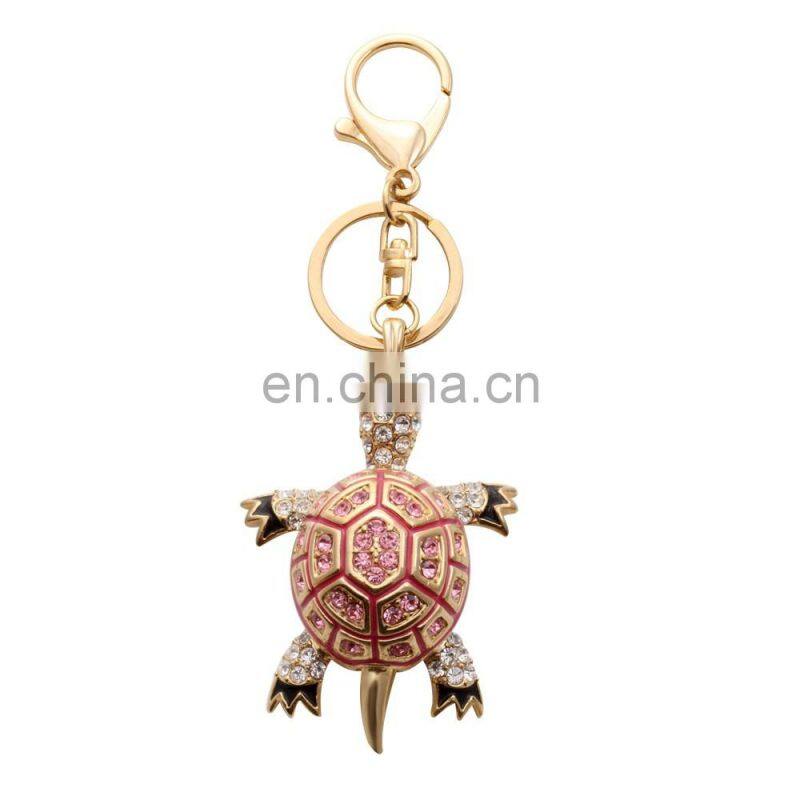 Wholesale fashion Gold plating white&pink rhinestone key chain turtle jewelry