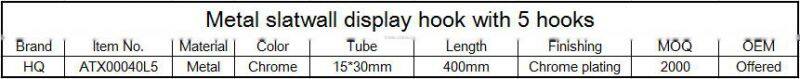 5 hooks metal chrome oval tube slatwall display hook for shopfittings