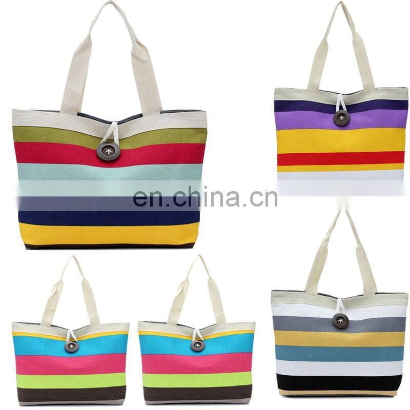 Ladies Colored Stripe Tote Storage Bag Cotton Canvas Shopping Handbag