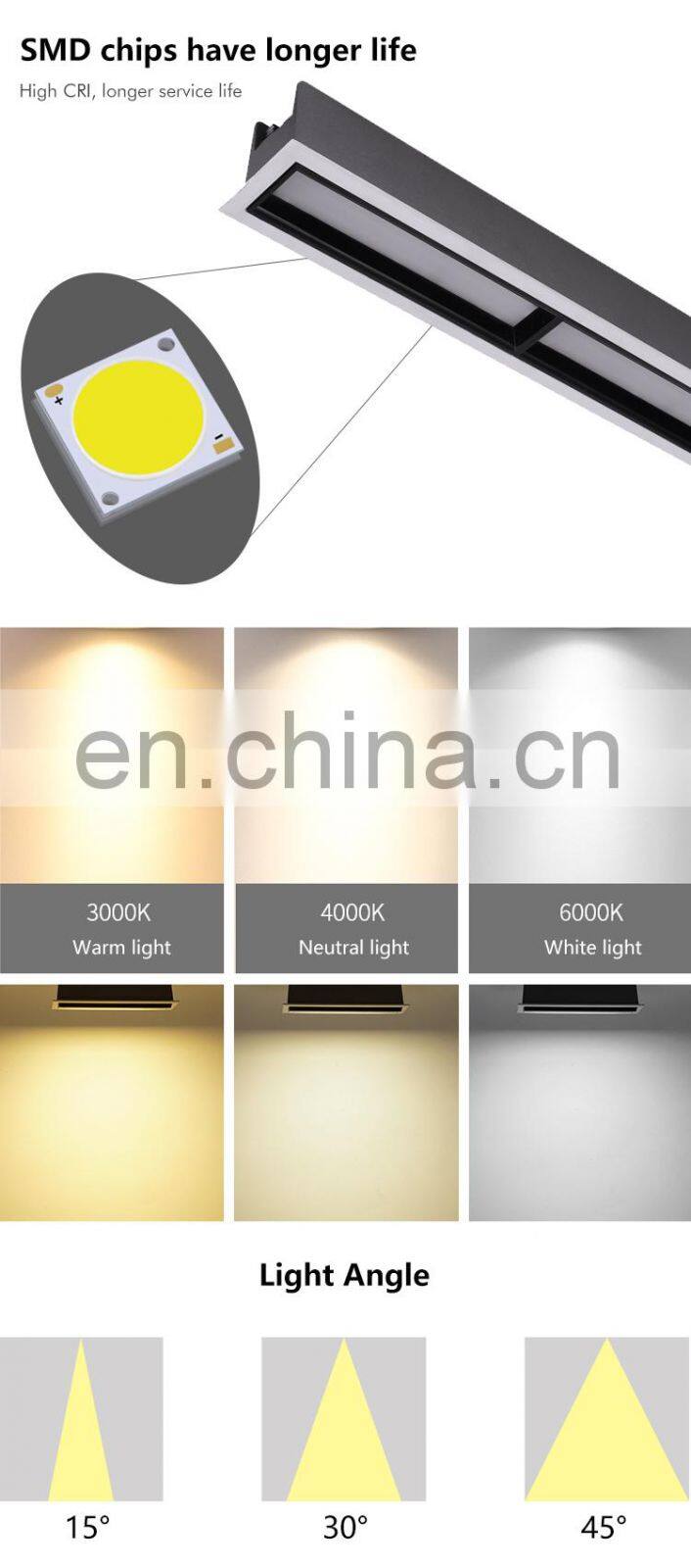 Long Lifespan Surface Embedded Rectangle SMD Office 10W 20W 30W Led Linear Light Downlight
