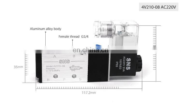 SNS pneumatic air 4V210-08 5/2 port single coil control internal pilot type electric solenoid valve with AC/DC 12V 24V 220V