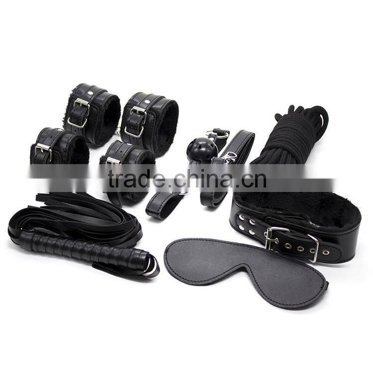 2016 Top Selling Fetish Leather Male Bondage Flirt 7 Sets in 1 Handcuffs Legcuffs Gag Eye patch whip Rope Collar Adult Games Toy